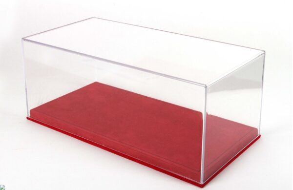 Vetrina con base in alcantara rossa cucitura nera
